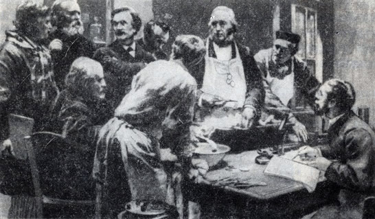 Клод Бернар в лаборатории среди своих учеников. Справа налево: А. Дастр, М. Лабо, К. Бернар, д'Арсенвалъ, П. Бер и др. Картина Лермитта